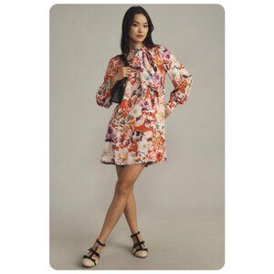 NWT Anthropologie Maeve Caroline Tie-Neck Floral Long Sleeve Mini Dress sz M